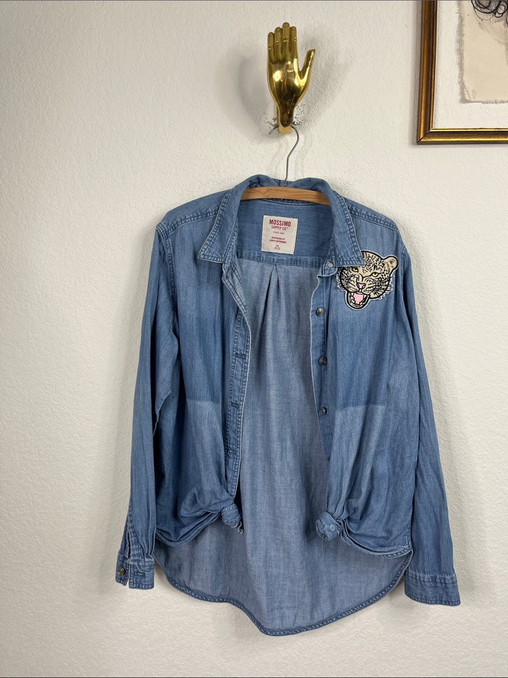 Target Mossimo Boyfriend Fit Denim Button Front Tiger Patch Top